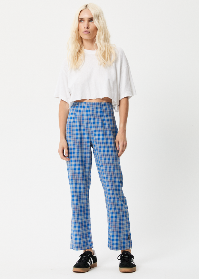 Afends Womens Porcelain - Hemp Check High Waisted Pants - Electric Blue - Sustainable Clothing - Streetwear