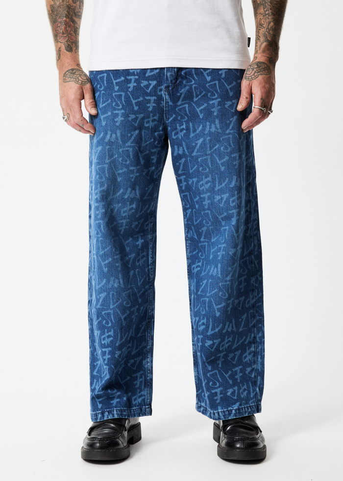 Afends Mens Tagged Pablo - Hemp Denim Baggy Jeans - Graffiti Blue - Sustainable Clothing - Streetwear