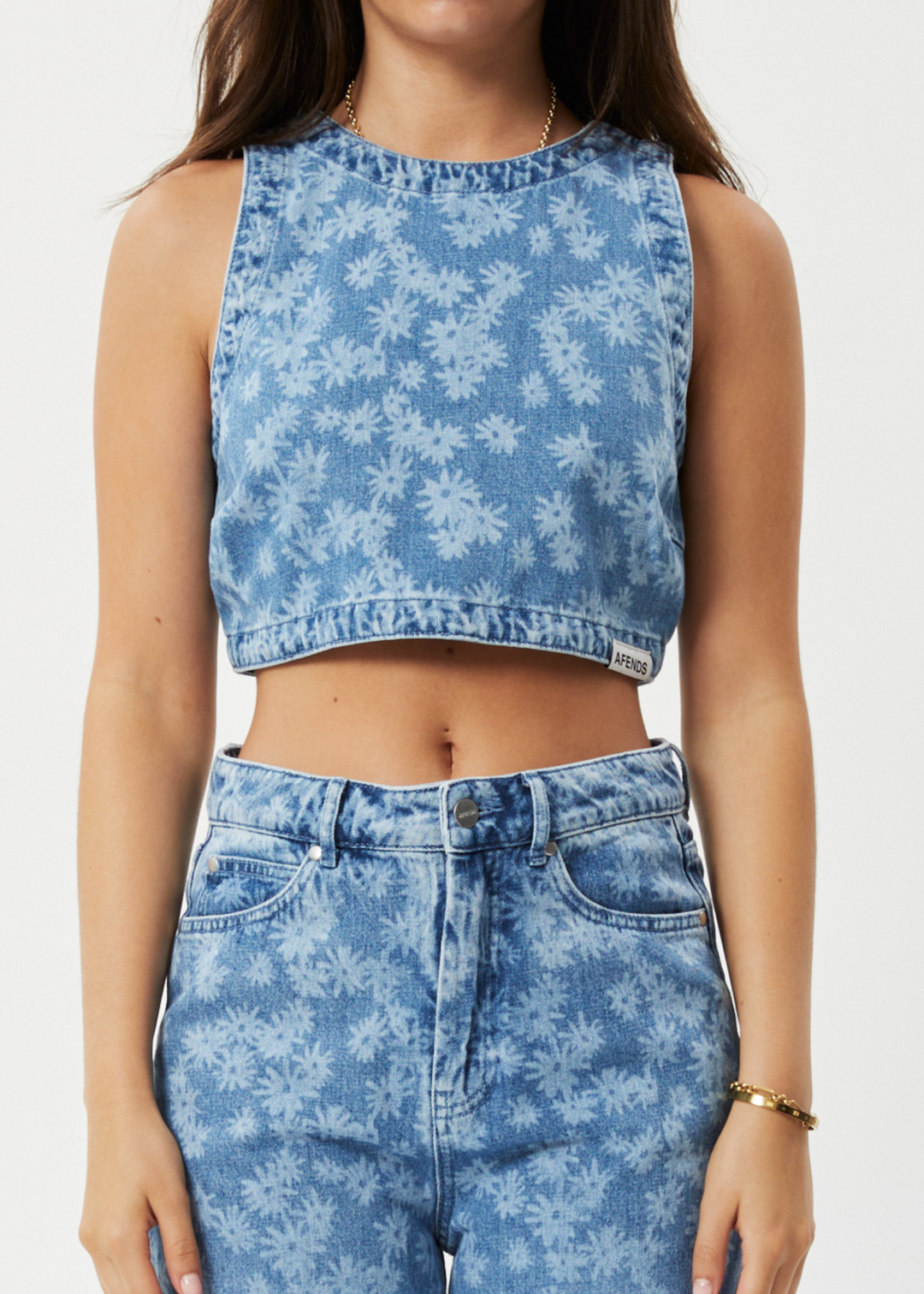 Afends Womens Fink - Hemp Denim Cropped Top - Worn Blue Daisy - Sustainable Clothing - Streetwear