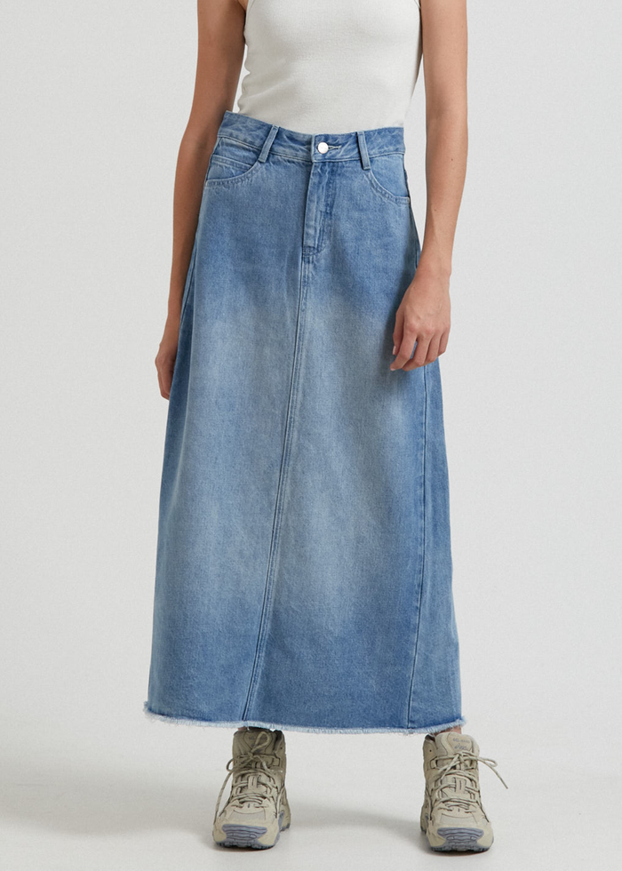 Afends Womens Chichi - Hemp Denim Midi Skirt - Worn Blue - Sustainable Clothing - Streetwear