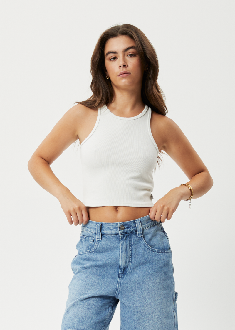Afends Womens Pearly Cropped - Hemp Ribbed Singlet - Off White