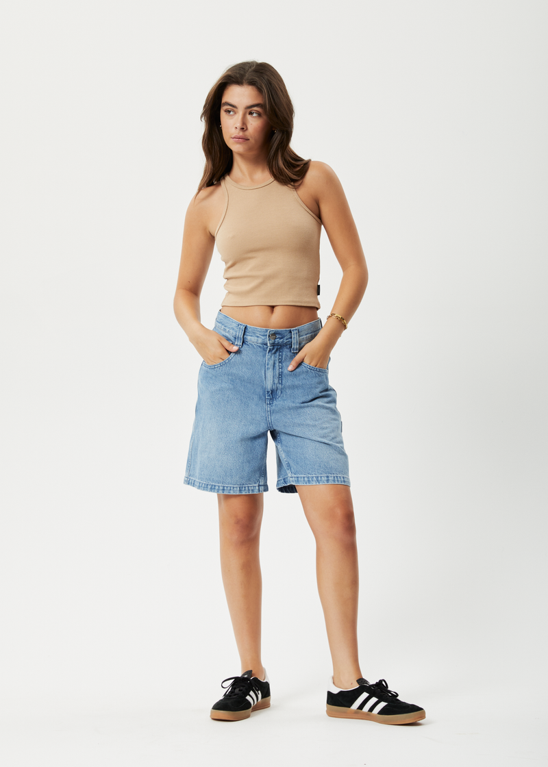 Afends Womens Emilie - Hemp Denim Carpenter Shorts - Worn Blue