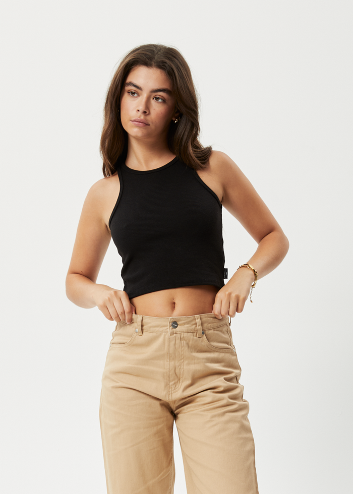 Afends Womens Pearly Cropped - Hemp Ribbed Singlet - Black - Sustainable Clothing - Streetwear