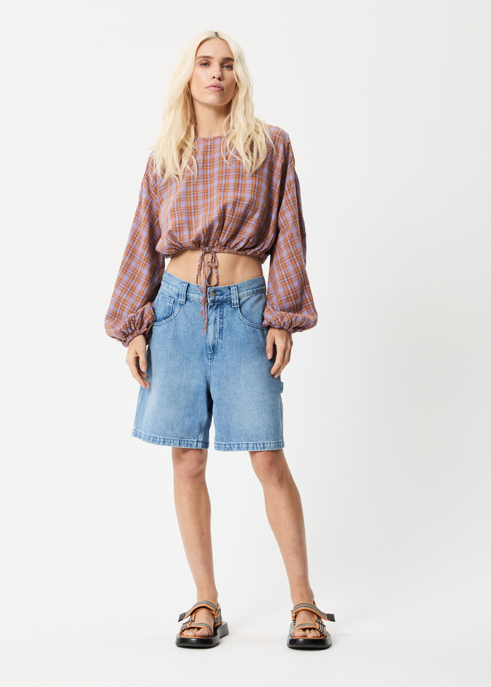 Afends Womens Colby - Hemp Check Cropped Long Sleeve Top - Plum - Sustainable Clothing - Streetwear