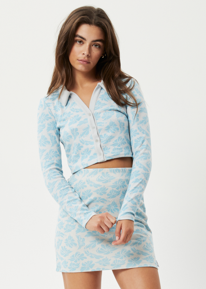 Afends Womens Billie - Hemp Ribbed Floral Long Sleeve Shirt - Smoke Blue - Sustainable Clothing - Streetwear