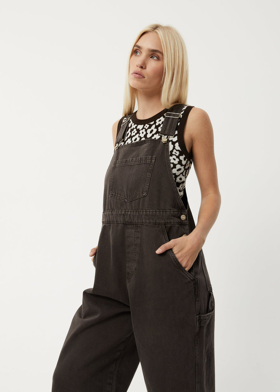 Afends Womens Louis - Organic Denim Baggy Overalls - Washed Black – Raflin