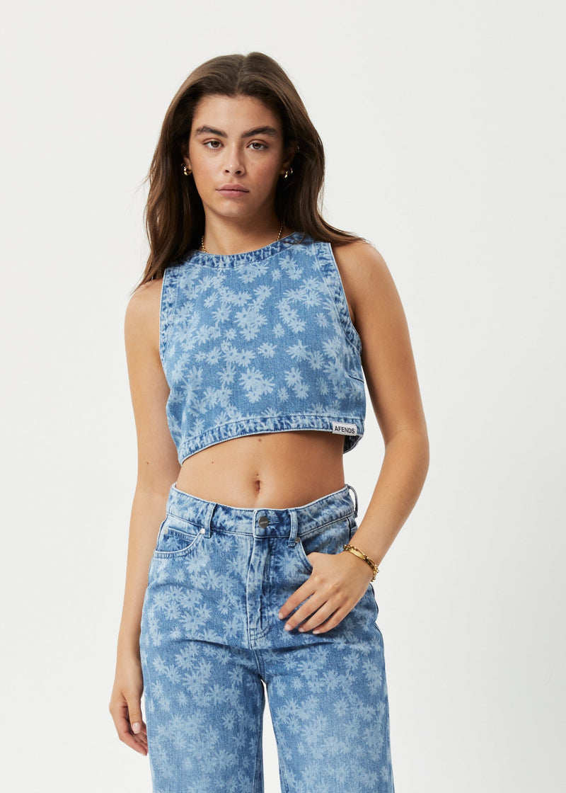 Afends Womens Fink - Hemp Denim Cropped Top - Worn Blue Daisy