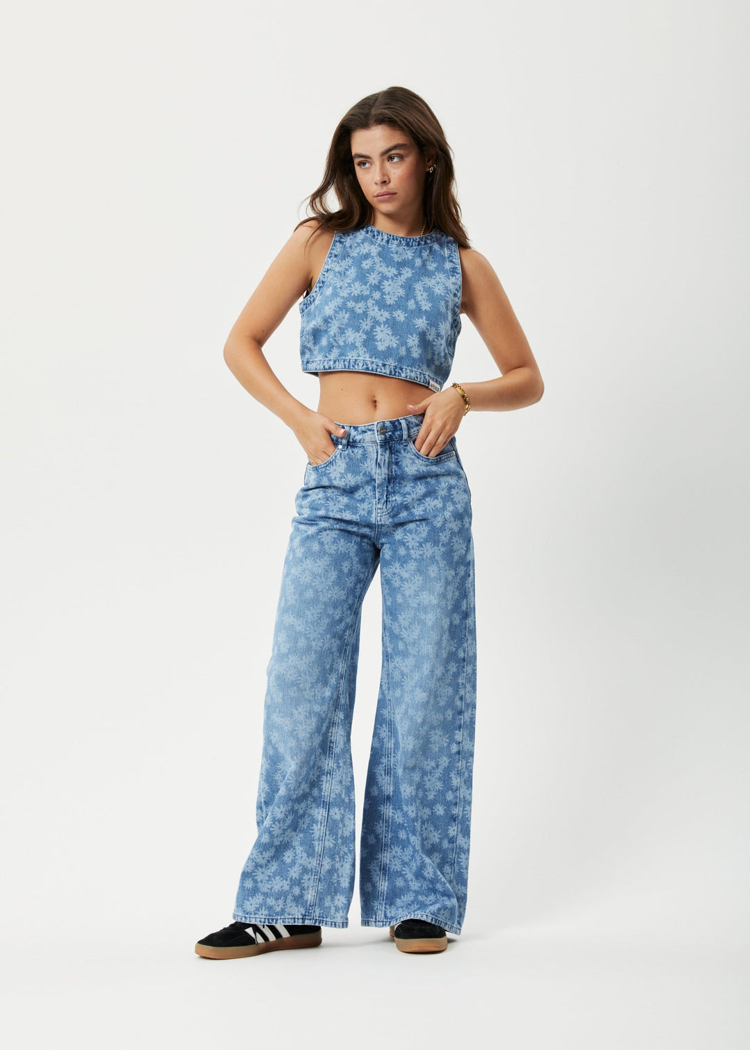 Afends Womens Fink - Hemp Denim Cropped Top - Worn Blue Daisy - Sustainable Clothing - Streetwear