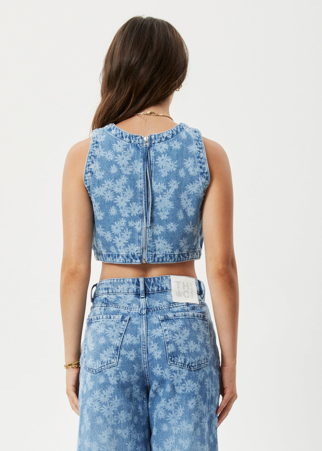 Afends Womens Fink - Hemp Denim Cropped Top - Worn Blue Daisy - Sustainable Clothing - Streetwear