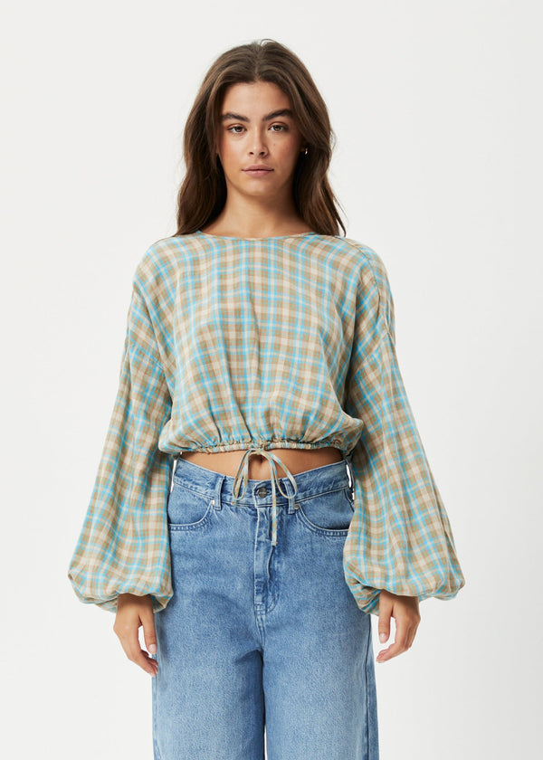 Afends Womens Millie - Hemp Cropped Long Sleeve Top - Tan Check