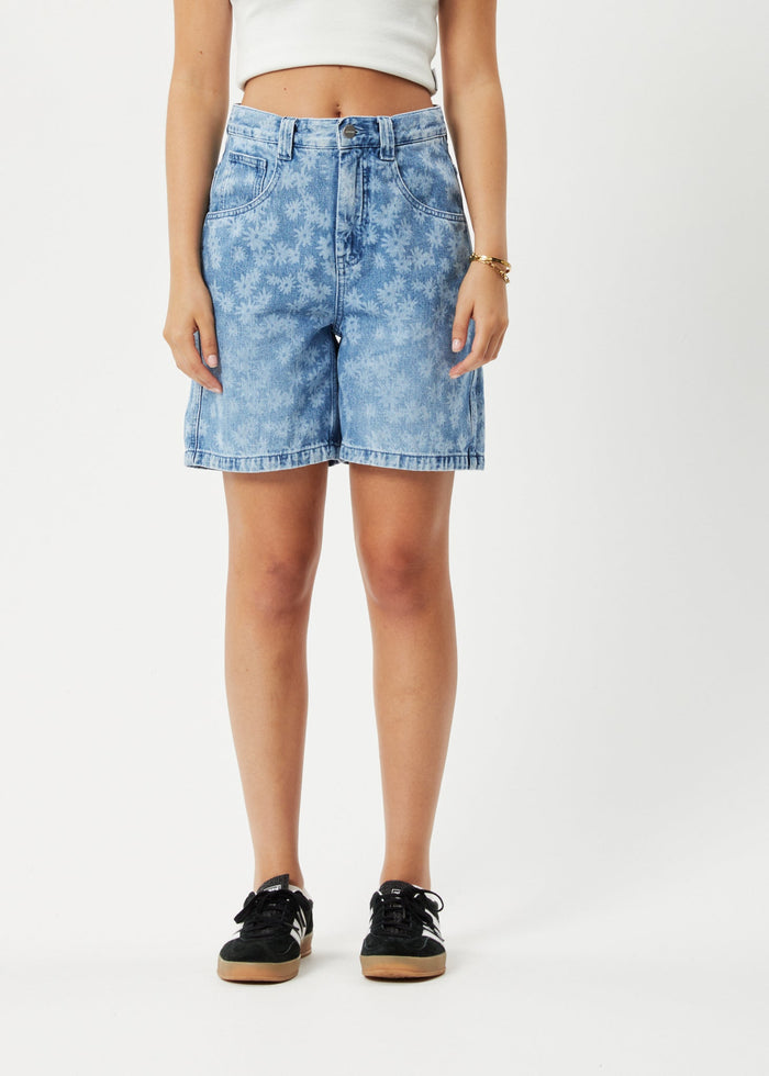 Afends Womens Fink Emilie - Hemp Denim Carpenter Shorts - Worn Blue Daisy - Sustainable Clothing - Streetwear