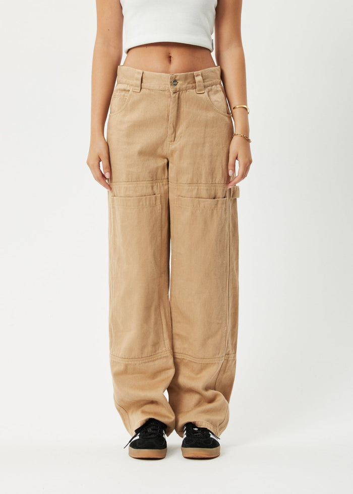 Afends Womens Sleepy Hollow Moss - Hemp Twill Carpenter Pants - Tan - Sustainable Clothing - Streetwear