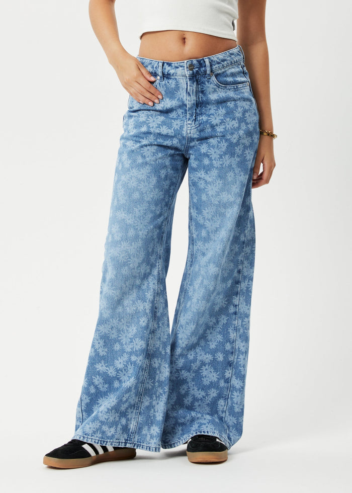 Afends Womens Fink Gigi - Hemp Denim Flared Jeans - Worn Blue Daisy - Sustainable Clothing - Streetwear