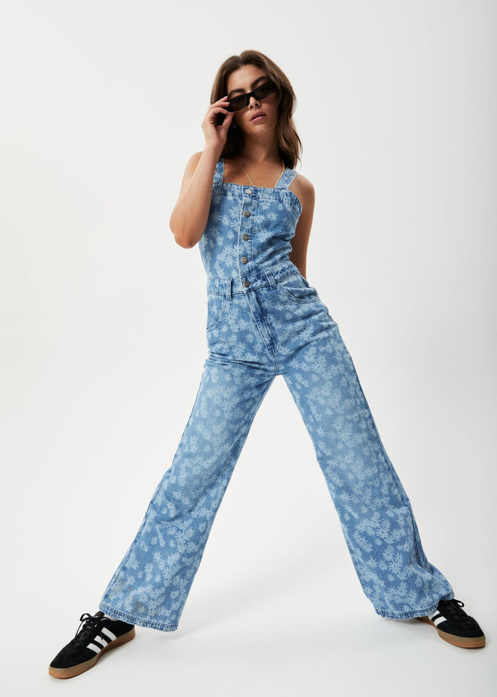 Afends Womens Fink Arlo - Hemp Denim Jumpsuit - Worn Blue Daisy - Sustainable Clothing - Streetwear