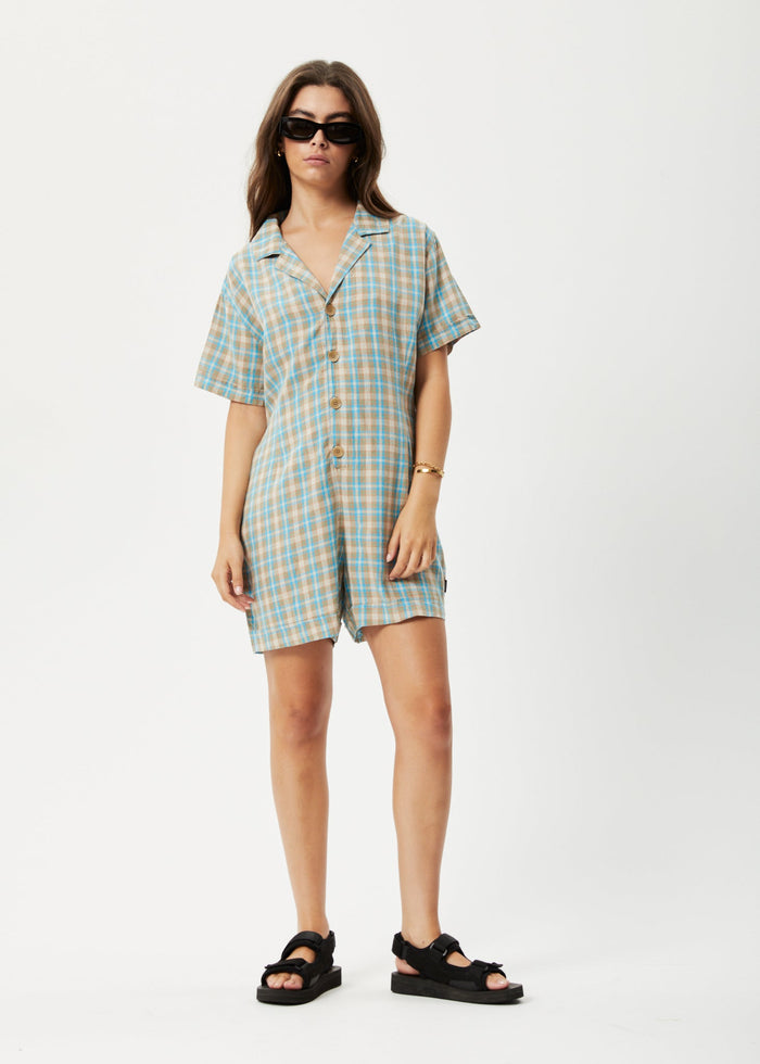 Afends Womens Millie Kokomo - Hemp Playsuit - Tan Check - Sustainable Clothing - Streetwear