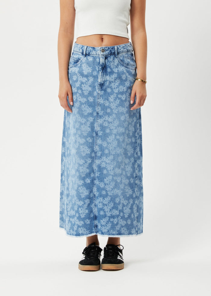 Afends Womens Fink Chichi - Hemp Denim Midi Skirt - Worn Blue Daisy - Sustainable Clothing - Streetwear