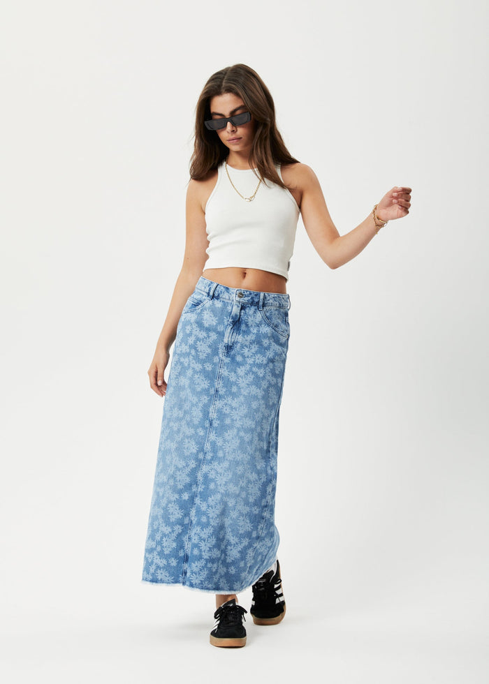 Afends Womens Fink Chichi - Hemp Denim Midi Skirt - Worn Blue Daisy - Sustainable Clothing - Streetwear