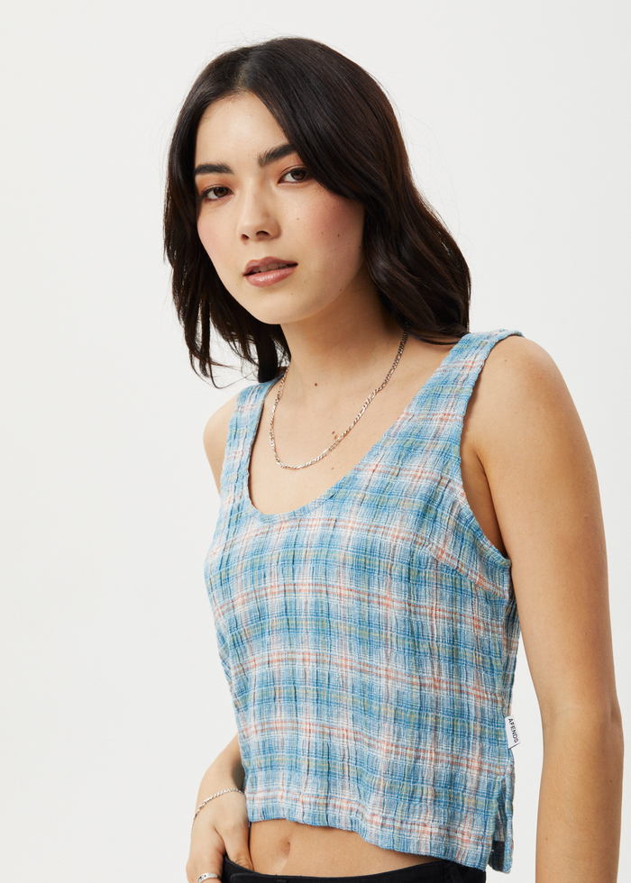 Afends Womens Position - Check Seersucker Tank - Lake Check - Sustainable Clothing - Streetwear