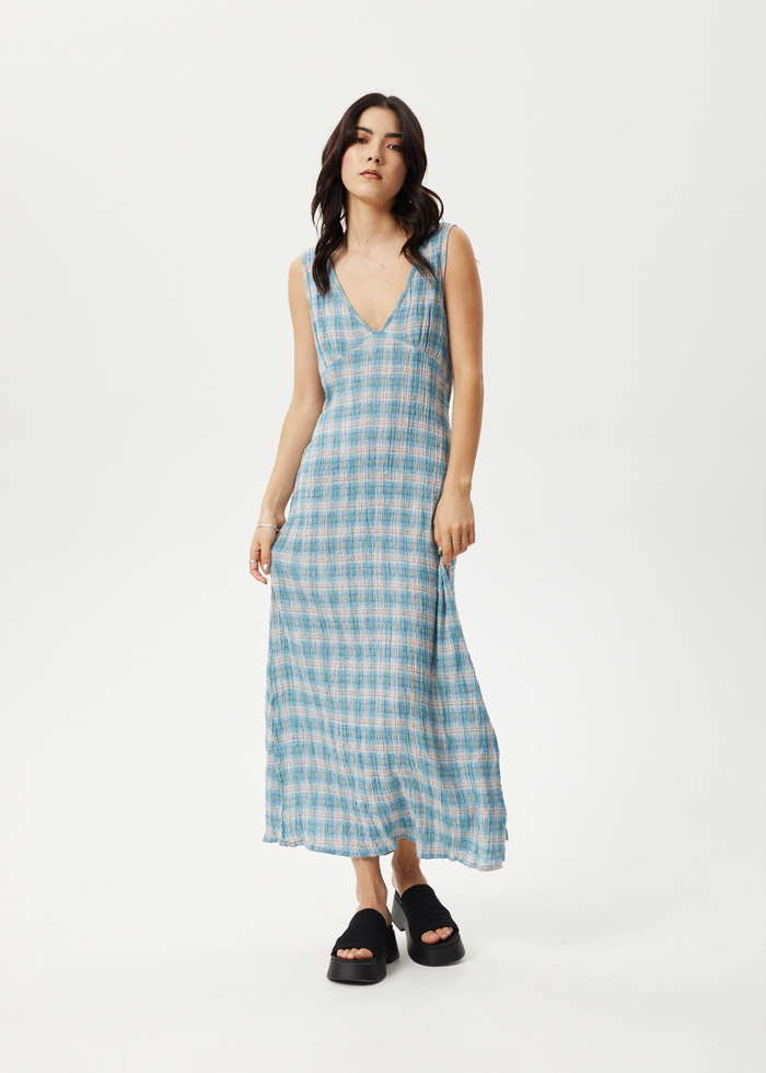 Afends Womens Position - Seersucker Check Maxi Dress - Lake Check - Sustainable Clothing - Streetwear