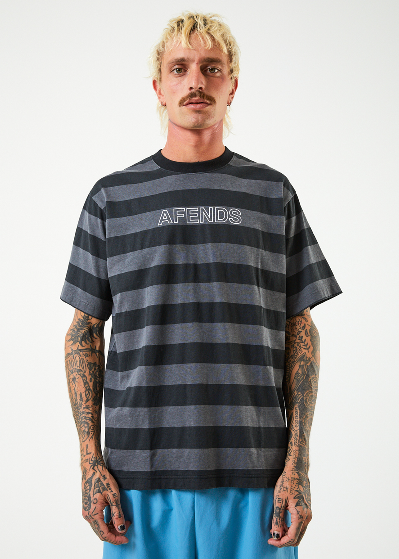 Afends Mens Sideline - Recycled Retro Striped T-Shirt - Black